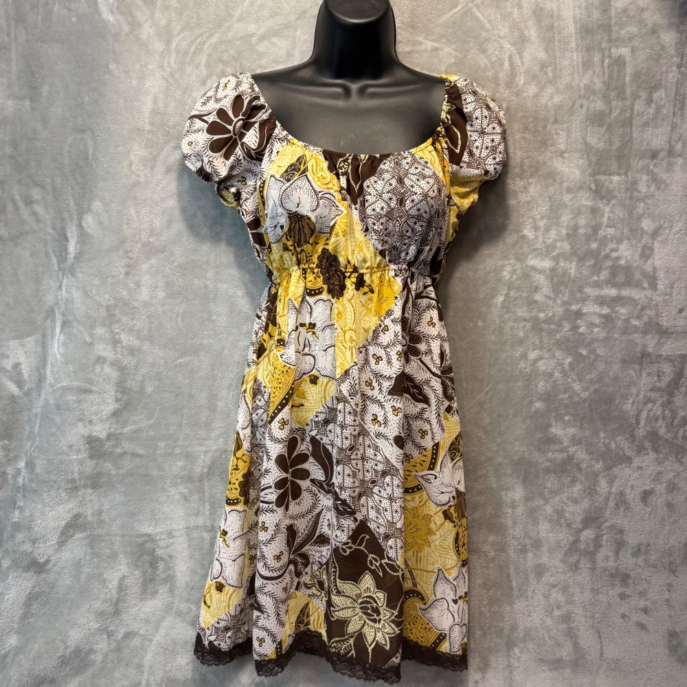 Speechless Womens‎ Brown Yellow Floral Patchwork Mini Dress Lace Trim Size S